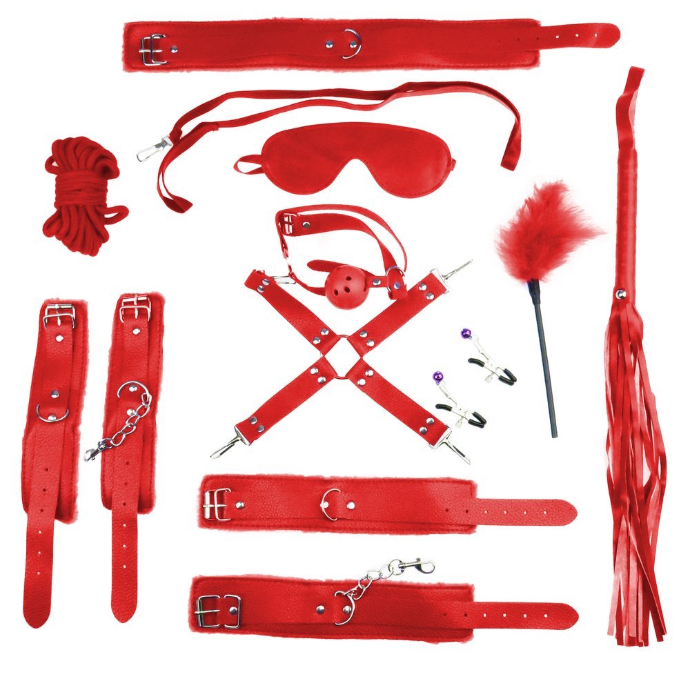Zestaw BDSM Uprząż, kajdanki, knebel, maska, pejcz SEX ZABAWA 11 elementów czerwony